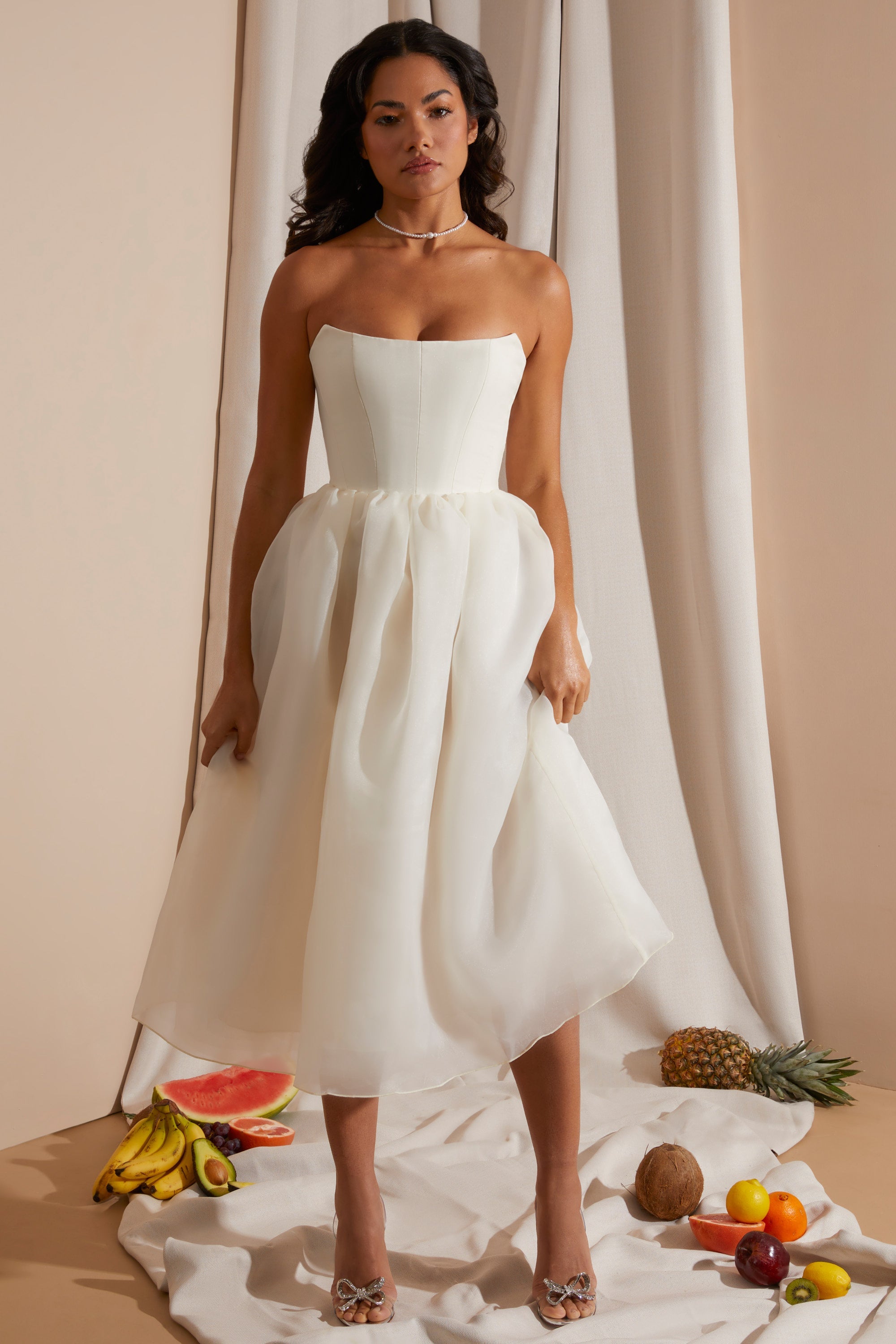 Strapless white outlet midi dress