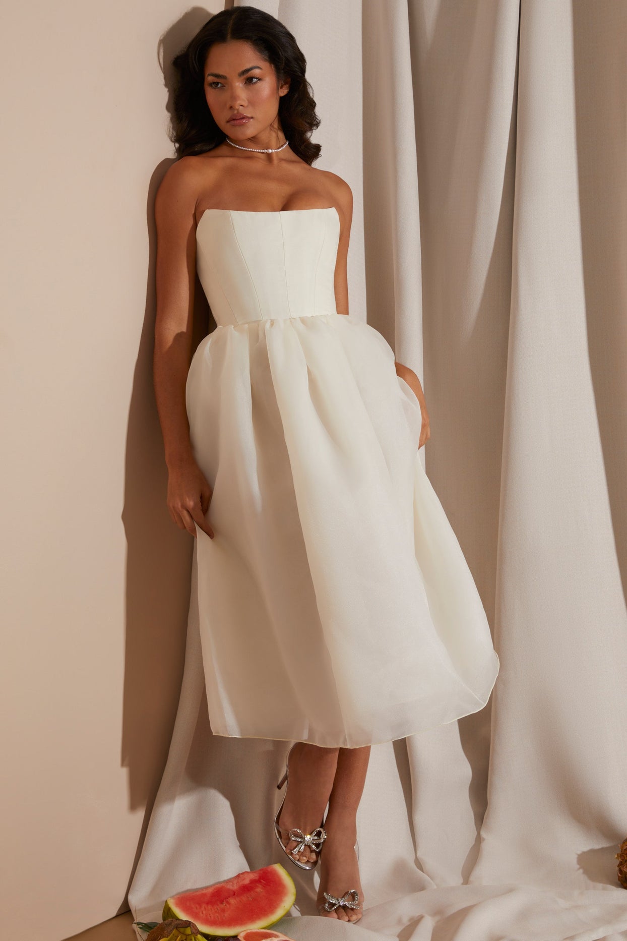 Strapless Corset Tulle Midi Dress in White