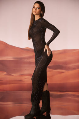 Embellished Long Sleeve Maxi Dress in Black
