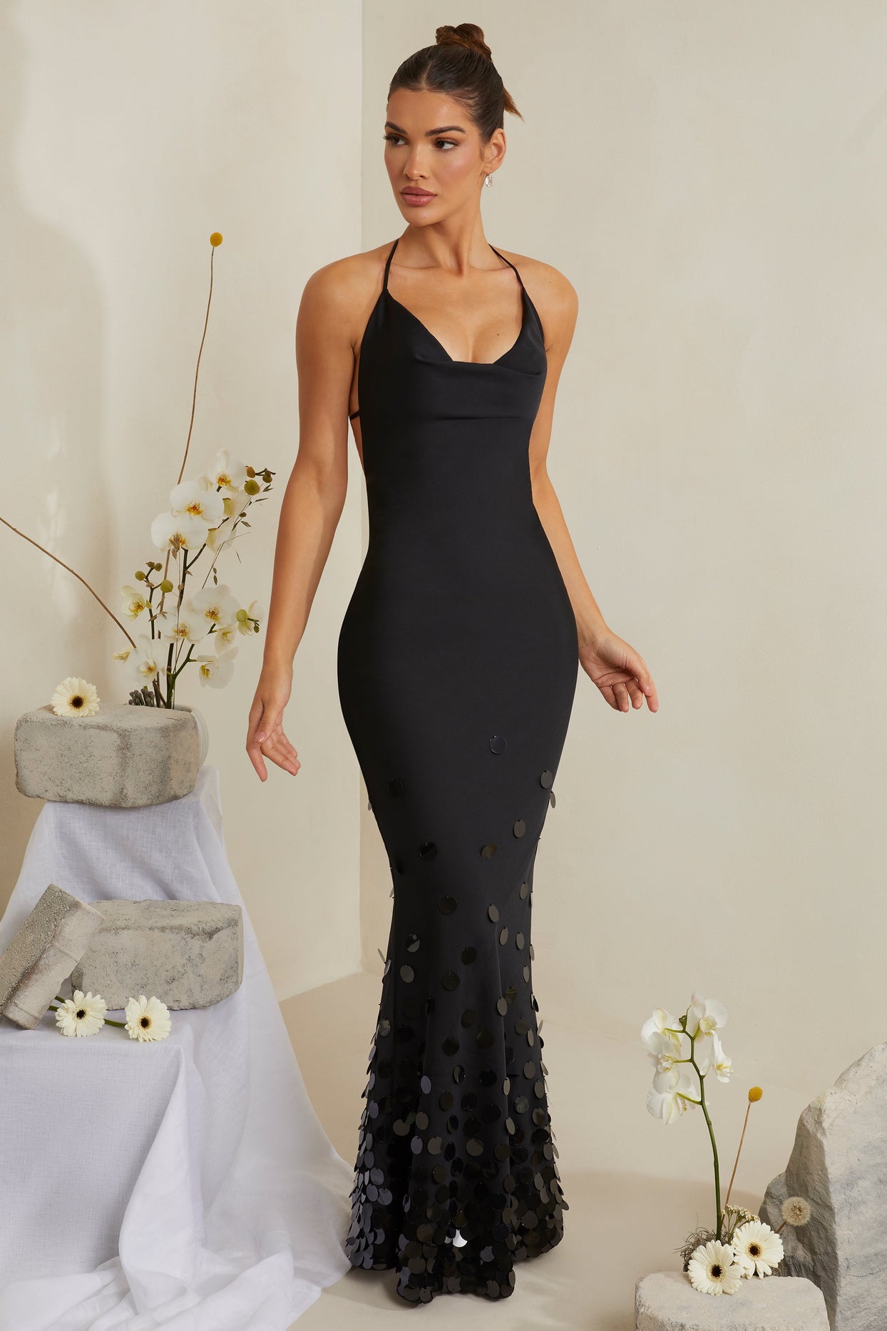 Magnolia Cowl Neck Embellished Satin Maxi Dress in Black | Oh Polly
