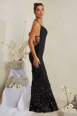 Cowl Neck Embellished Satin Maxi Dress in Black