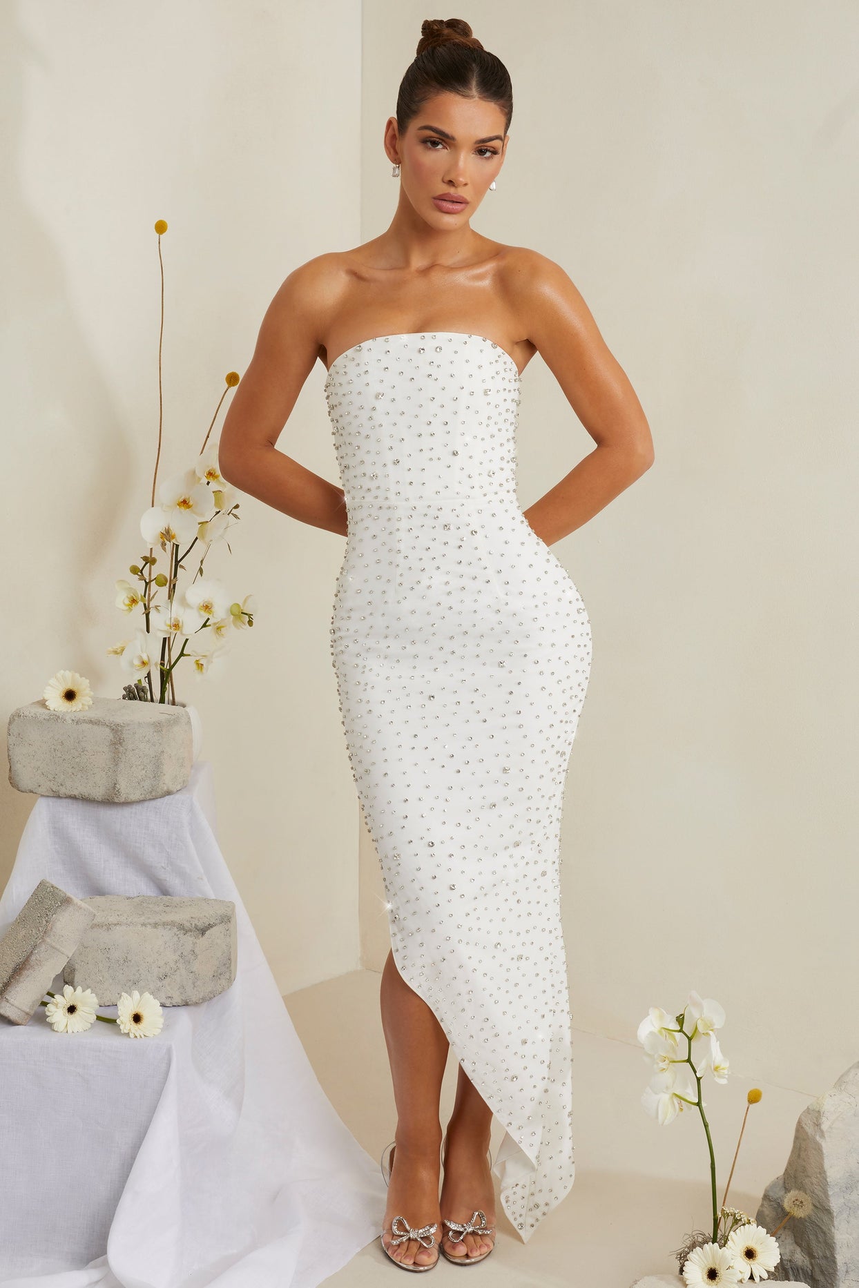 Hand Embellished Asymmetric Midi Dress in White - 2 | Oh Polly Hand Embellished Asymmetric Midi Dress in White - 2 | Oh Polly