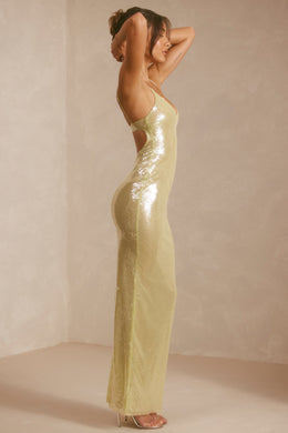 Sheer Sequin V-Neck Cut Out Back Evening Gown in Pistachio