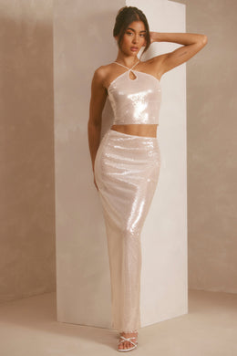 Falda larga de tiro medio con lentejuelas transparentes en blanco