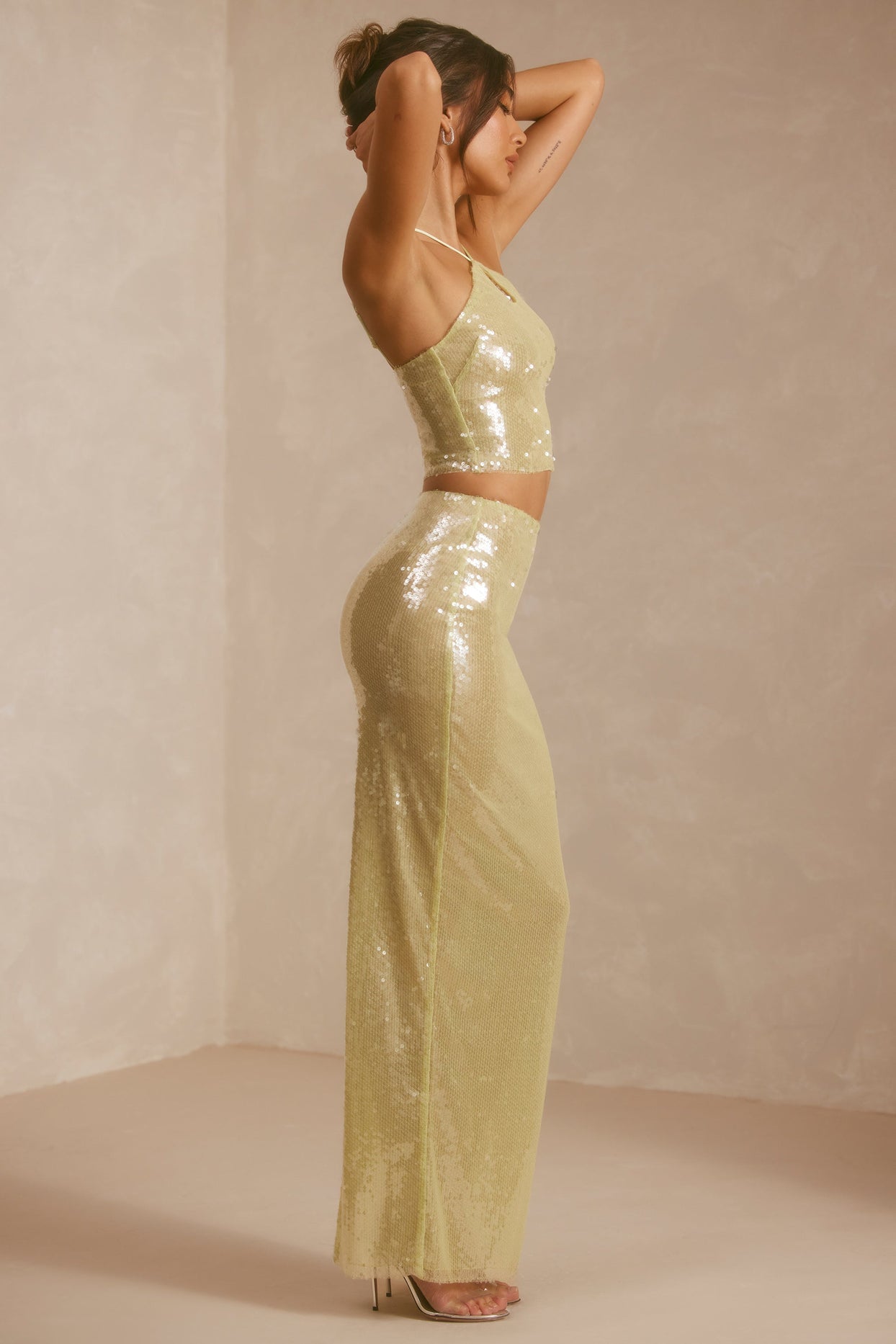 Long dress with bralette top and skirt in pure silk georgette