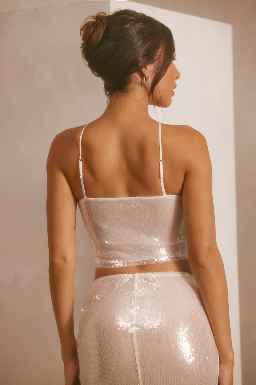 Sheer Sequin Keyhole Cut Out Halter Neck Crop Top in White - 2