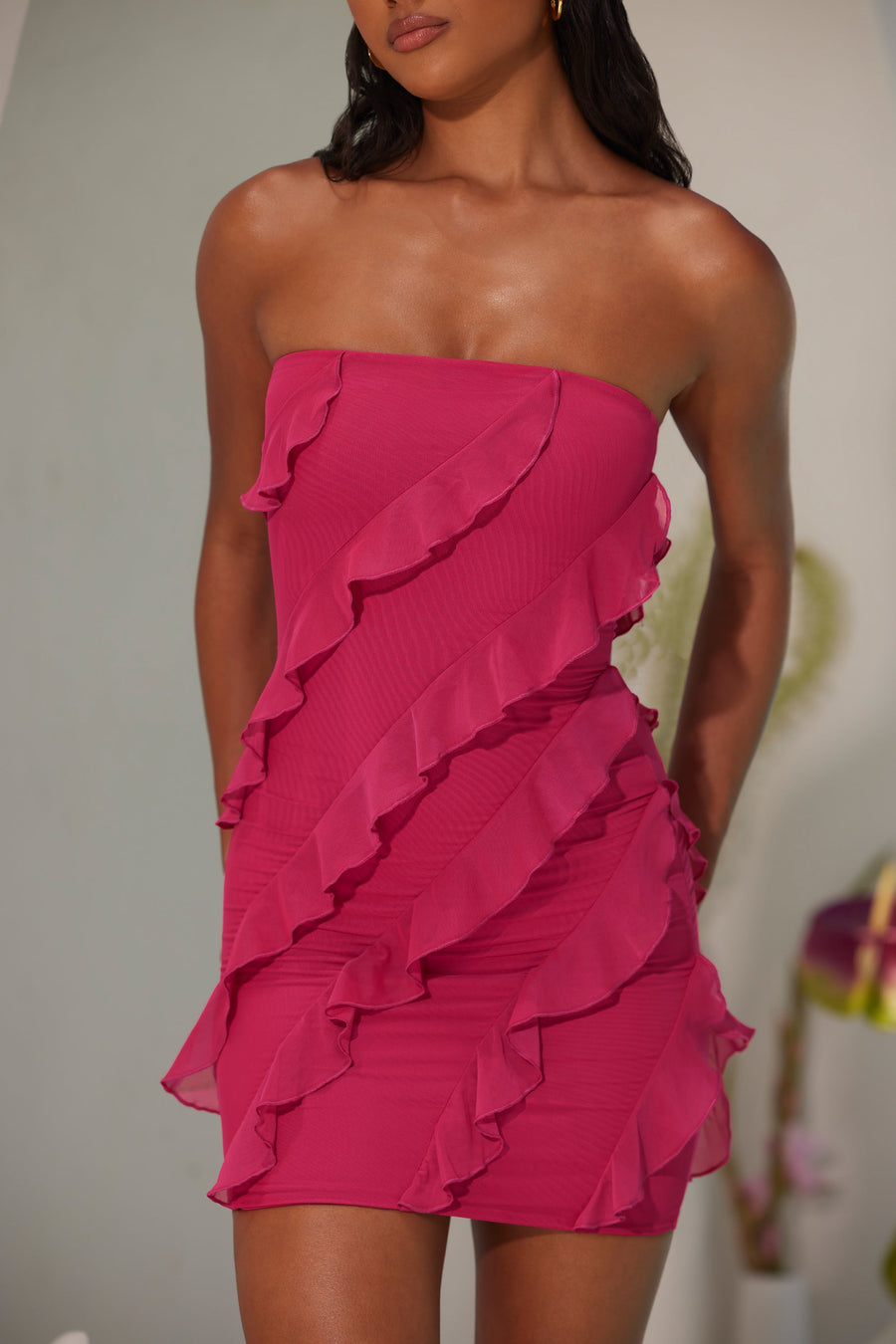 Tatiana Bandeau Ruffle Detail Mini Dress in Fuchsia | Oh Polly