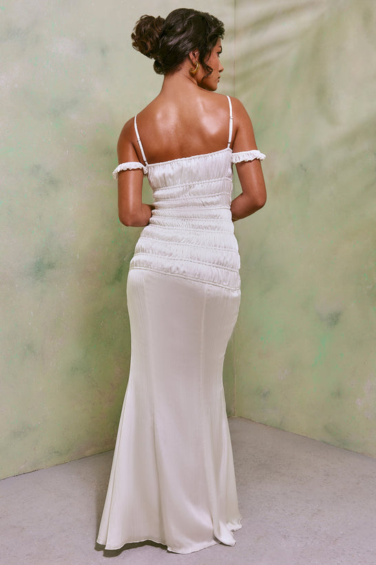 Shirred Thigh High Split Maxi Dress in White