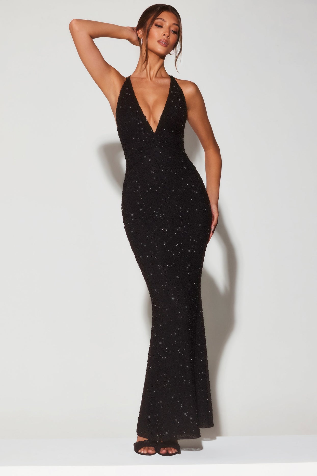 Haley Black Chiffon Gown with Plunging Neckline