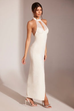 Embellished High Neck Keyhole Cut Out Evening Gown in White