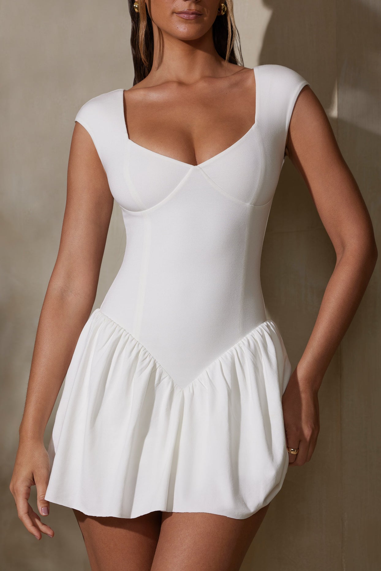 Cap Sleeve Layered A-Line Mini Dress in White