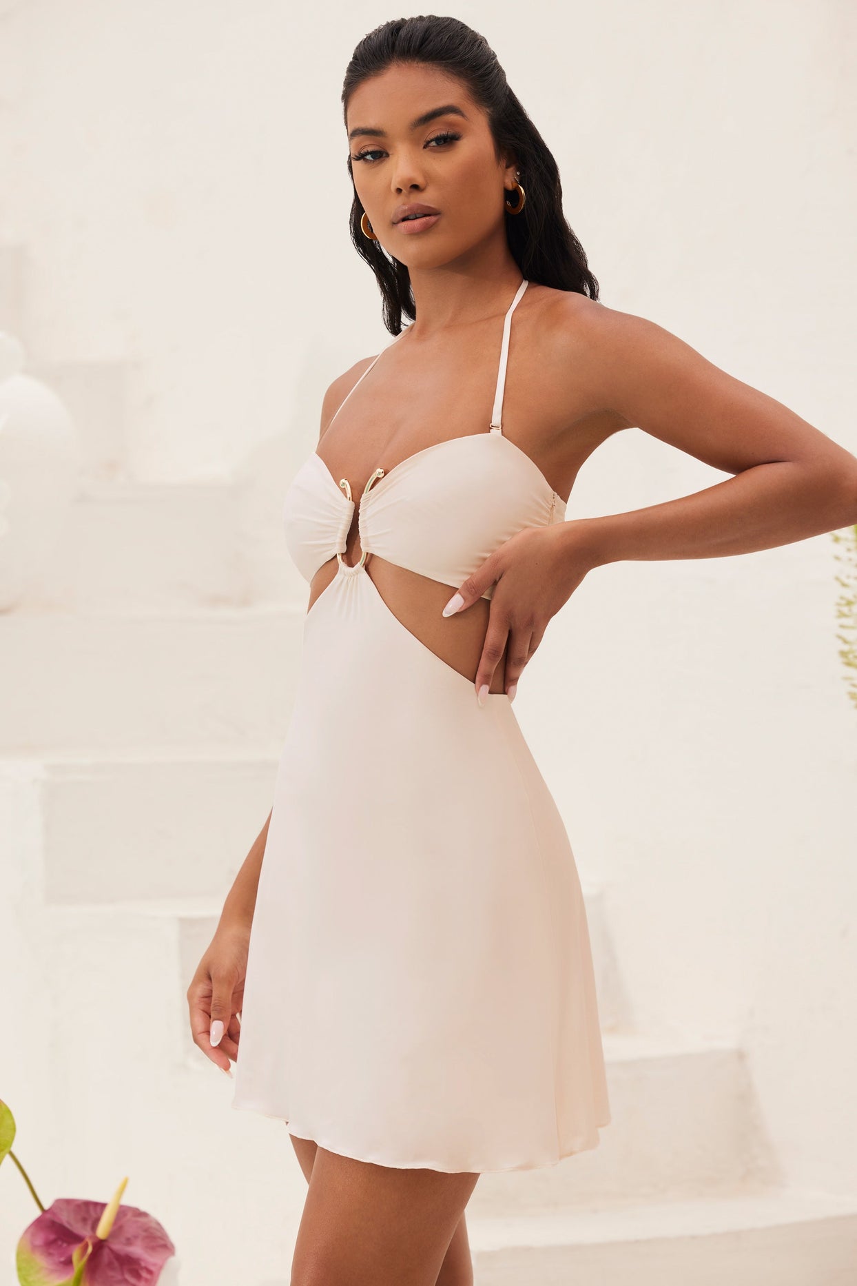Coral Bandeau Cut Out A-Line Mini Dress in Ivory
