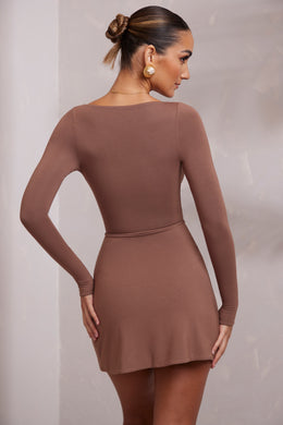 Long Sleeve Plunge Neck Wrap Over  Mini Dress in Brown