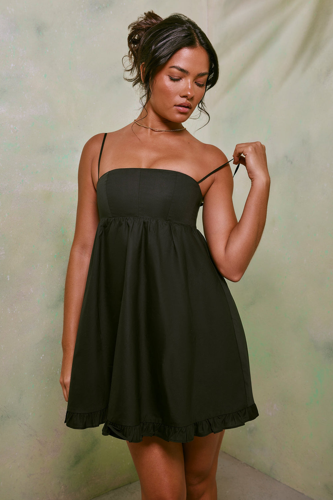 Silvana Empire Waist Cotton A-Line Mini Dress in Black | Oh Polly