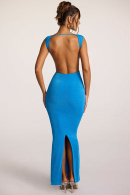 Vestido largo de punto texturizado con escote pronunciado en azul cobalto