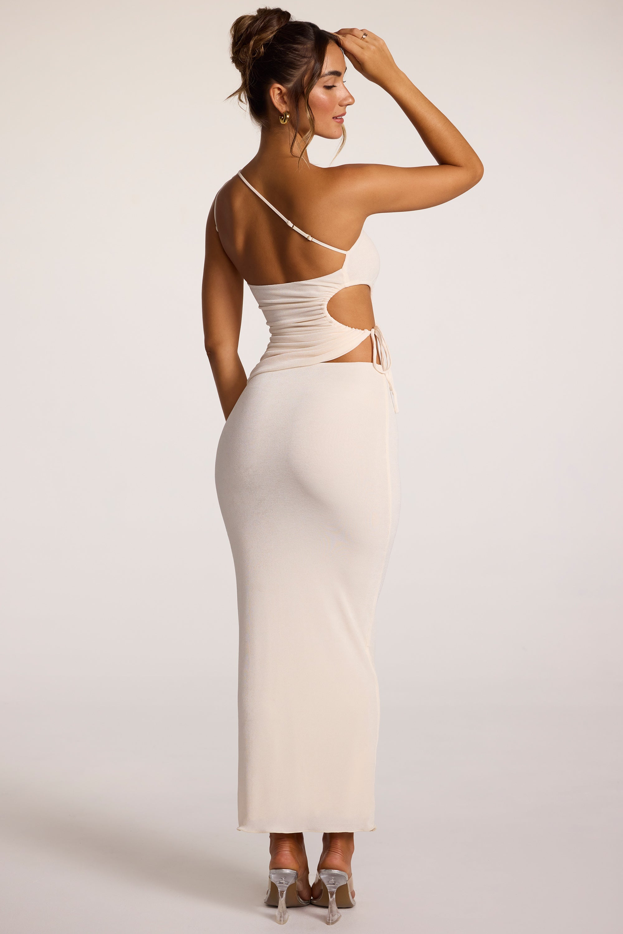 Elena Textured Jersey Low-Rise Maxi Skirt in Ivory | Oh Polly