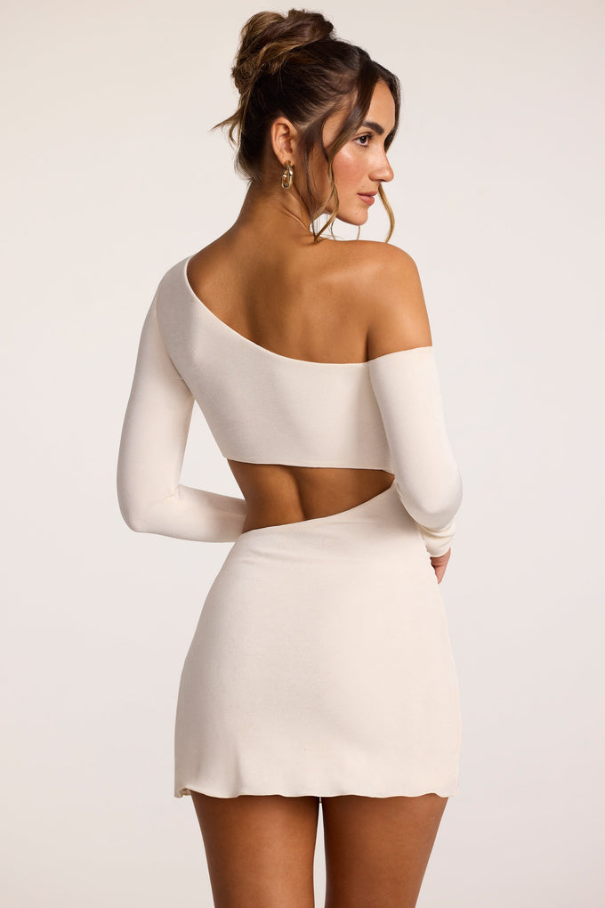 Textured Jersey Asymmetric Cut Out Mini Dress in Ivory