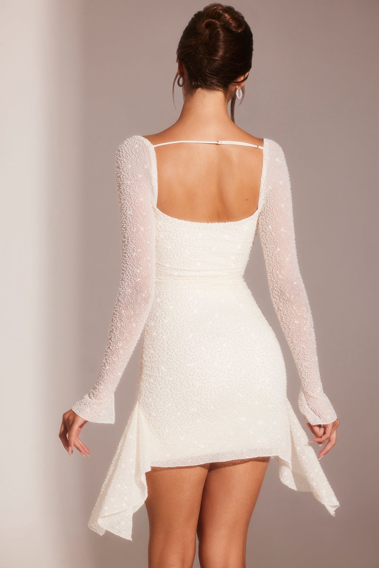 Ferrara Long Sleeve Embellished Cowl Neck Mini Dress in White