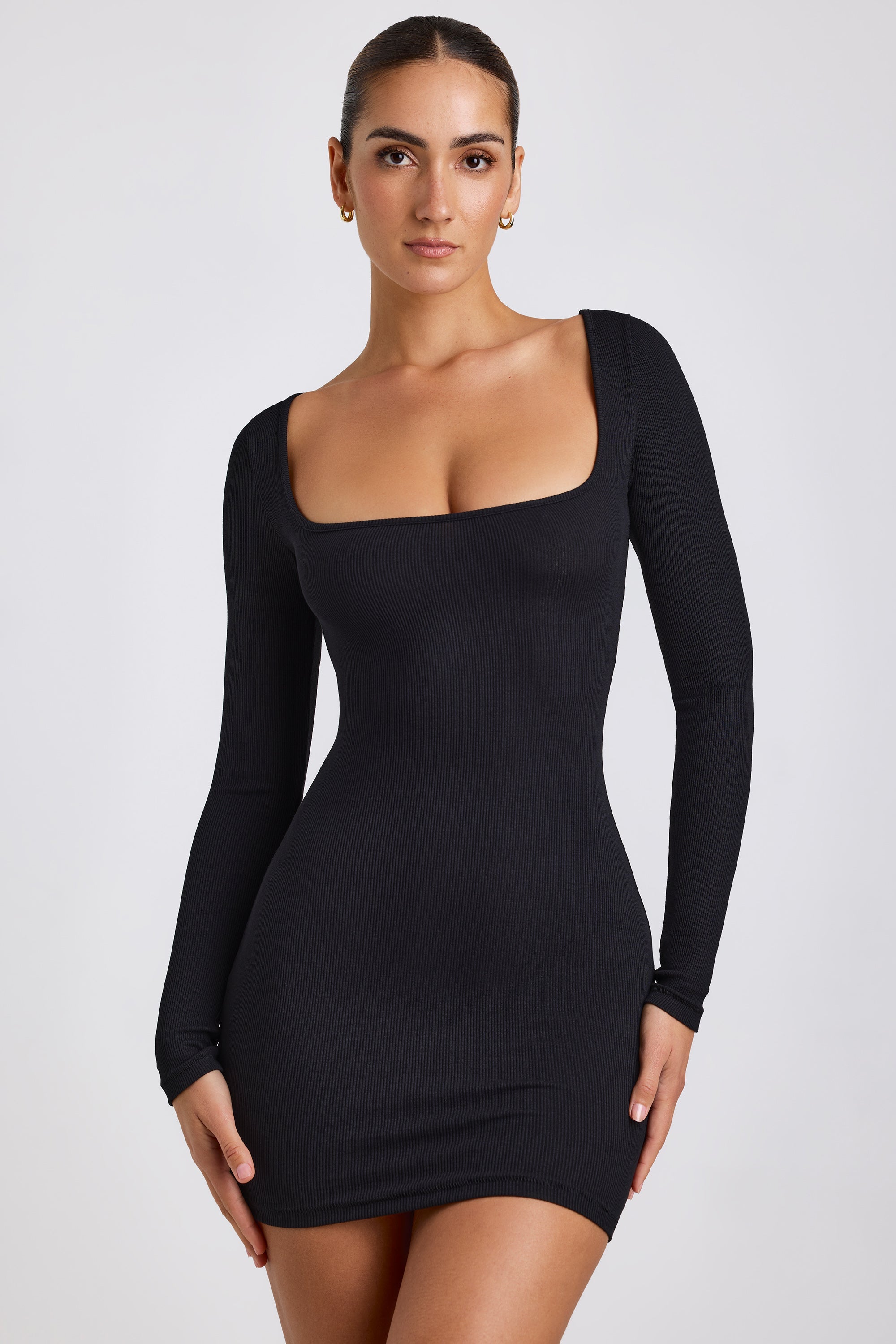 Sherine Ribbed Modal Square Neck Long Sleeve Mini Dress in Black 
