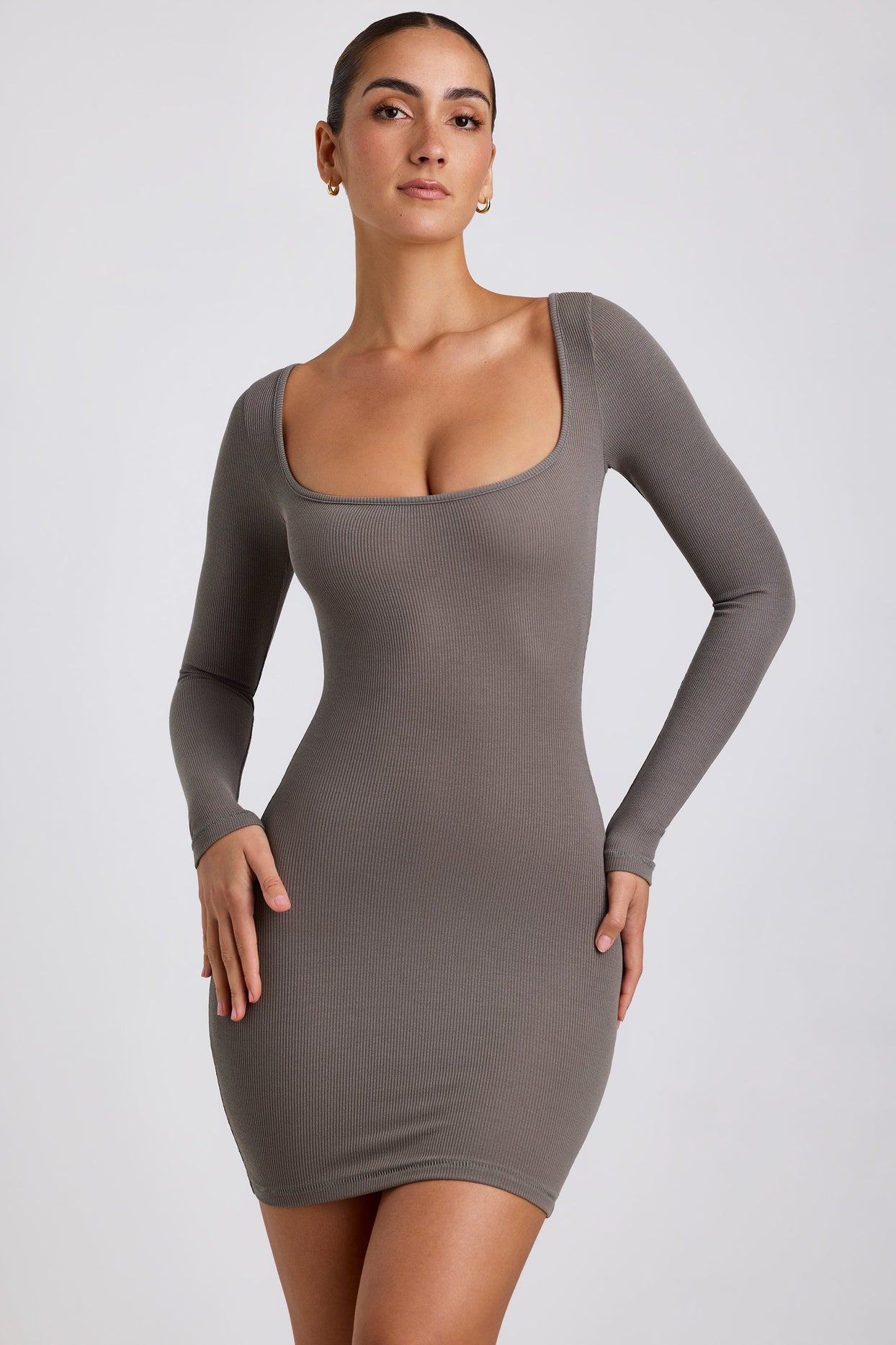 Ribbed Modal Long Sleeve Mini Dress in Grey