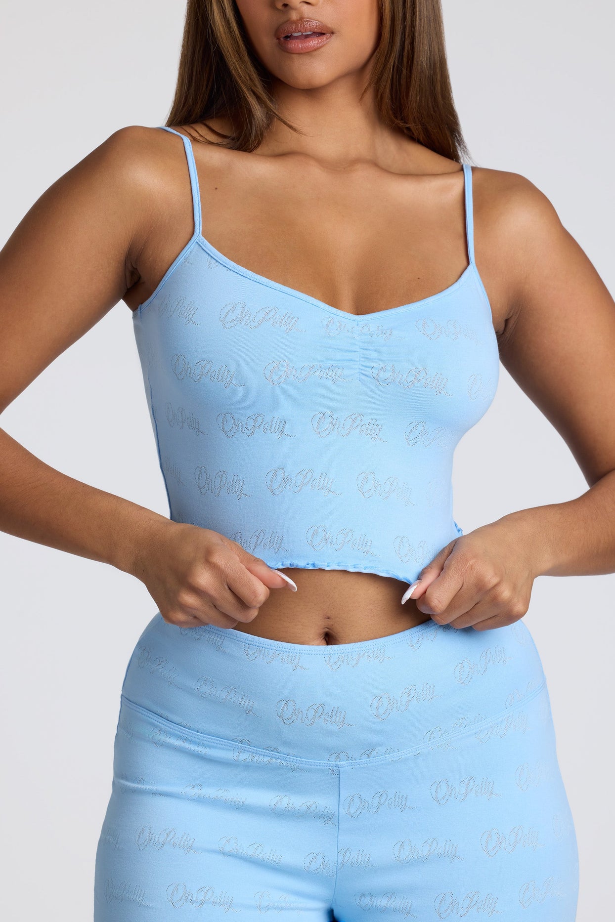 Loungewear Strappy Ruched Pointelle Crop Top in Baby Blue