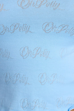 Top curto Pointelle de manga comprida com decote redondo em azul bebê