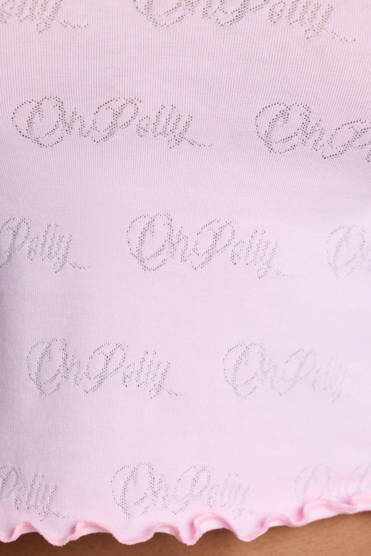 Top curto Pointelle de manga comprida com decote redondo em rosa bebê