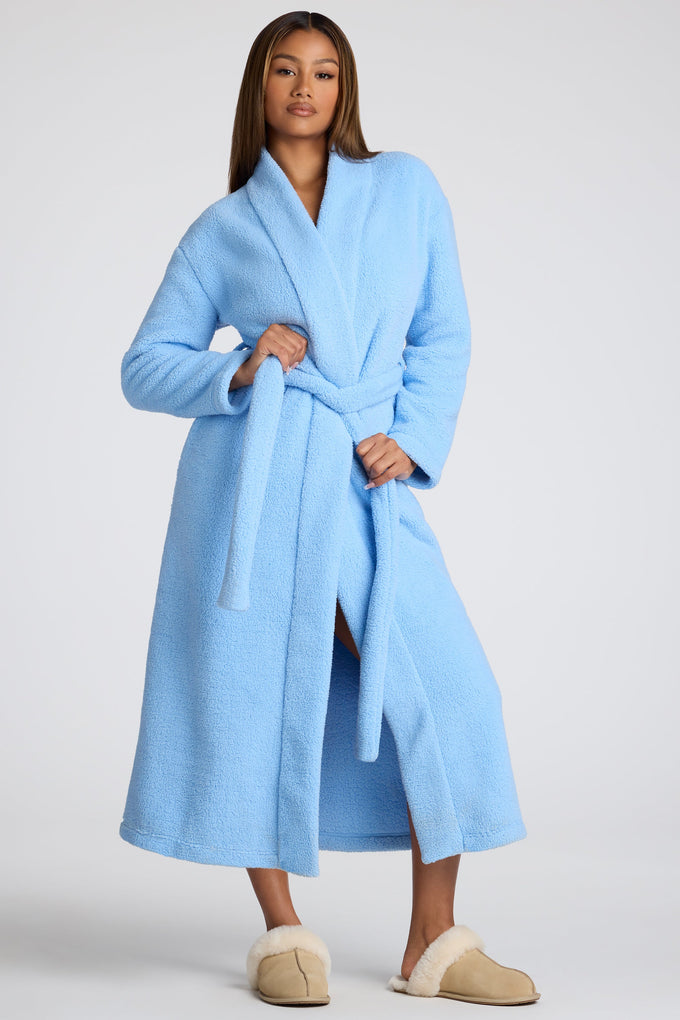 Robe de lã com amarração frontal em azul bebê