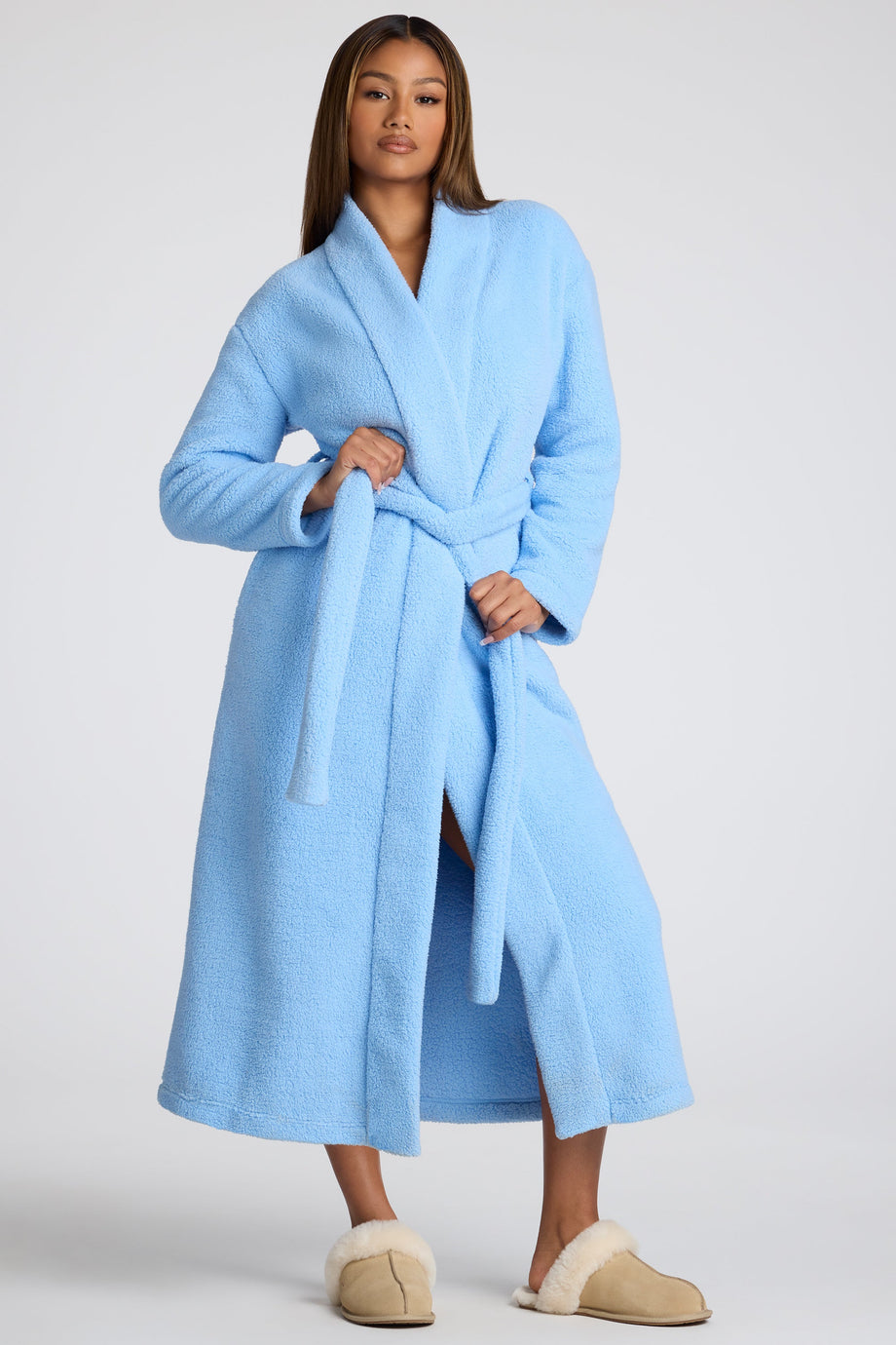 Tie Front Fleece Robe in Baby Blue - 1