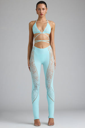 Petite Embellished Mid-Rise Flared Trousers in Ice Blue