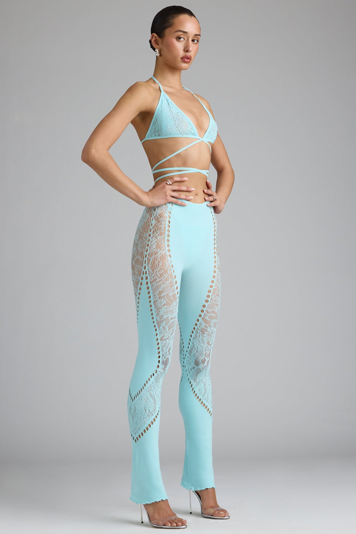 Embellished Mid-Rise Flared Trousers in Ice Blue