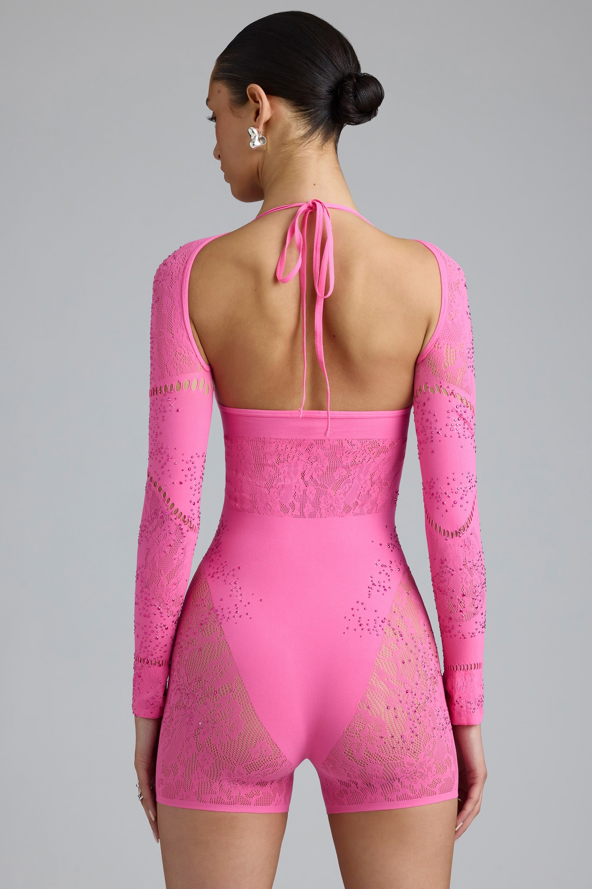 Embellished Cut-Out Unitard in Bubblegum Pink