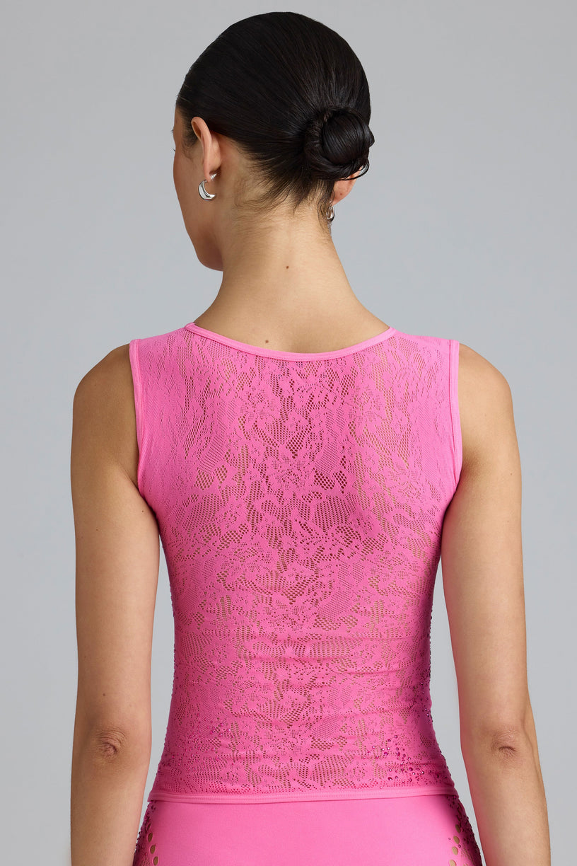 Embellished Lace-Up High-Neck Top in Bubblegum Pink - 2