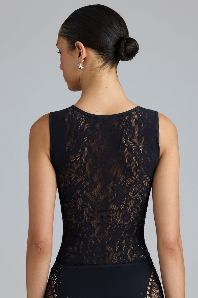 Embellished Lace-Up High-Neck Top in Black