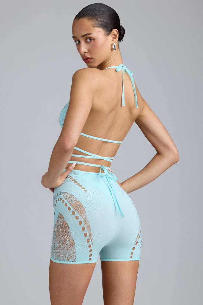Embellished High-Waist Shorts in Ice Blue