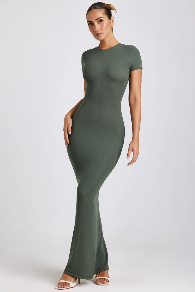 Olive Green Ribbed Dress - Long Sleeve Mini Dress - A-Line Dress