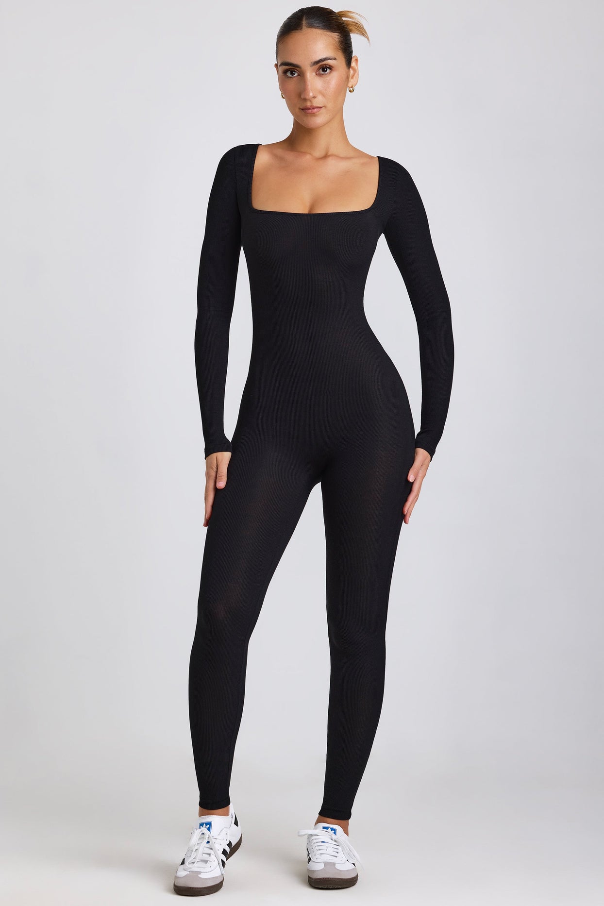 Petite Ribbed Modal Long Sleeve Jumpsuit in Black