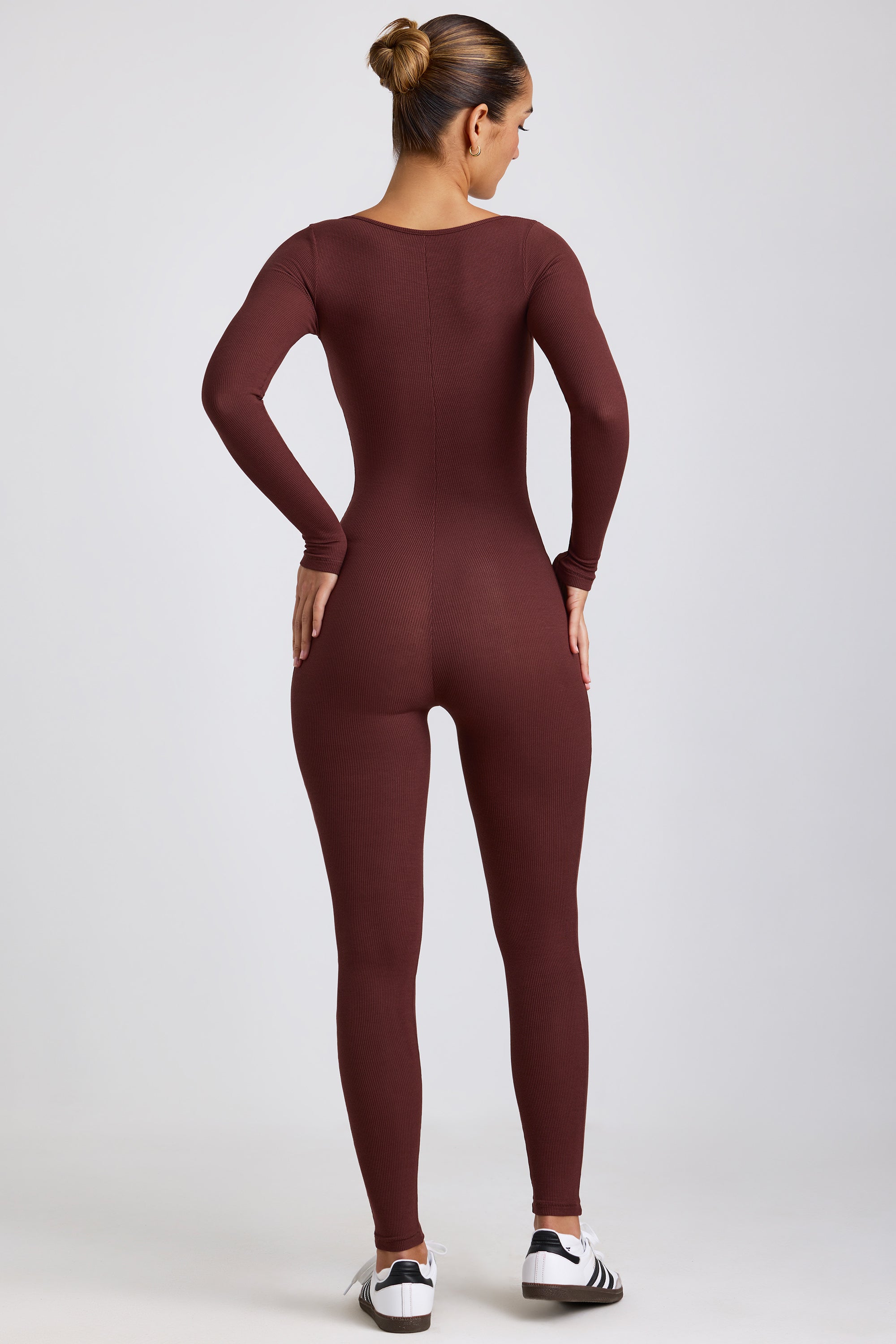 Petite Ribbed Modal Long Sleeve Jumpsuit in Espresso