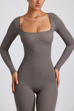 Tall Ribbed Modal Long Sleeve Jumpsuit in Grey