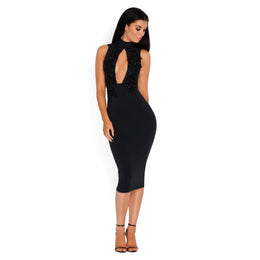 Oval And Out Hand Embellished Midi Dress in Black