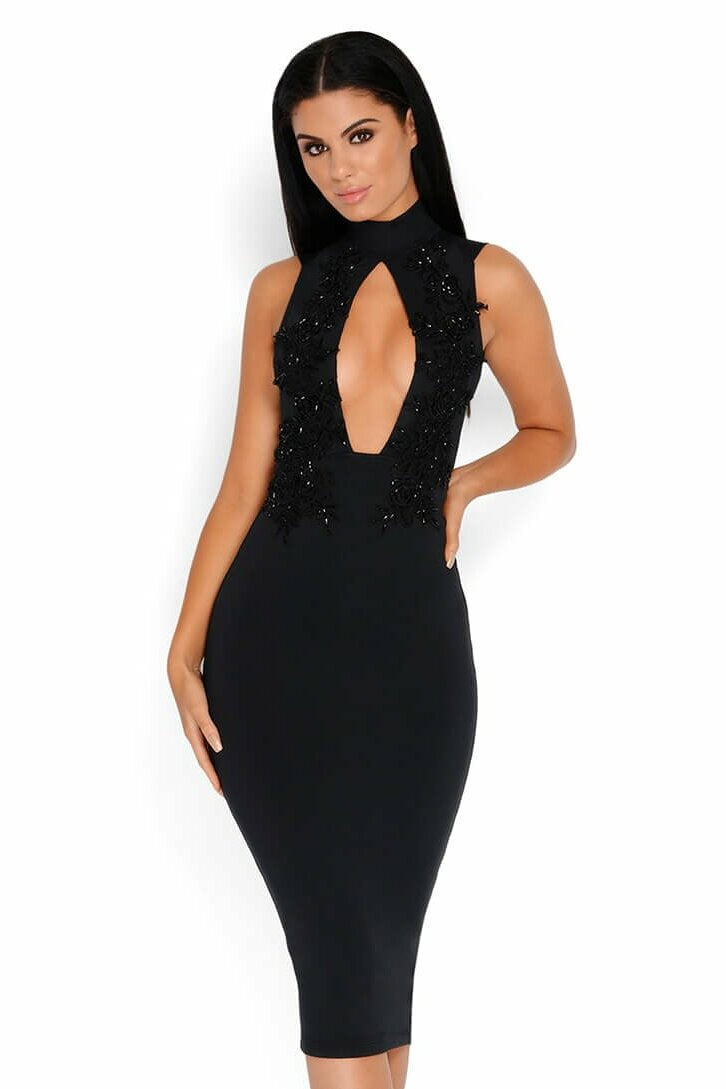 Oval And Out Hand Embellished Midi Dress in Black