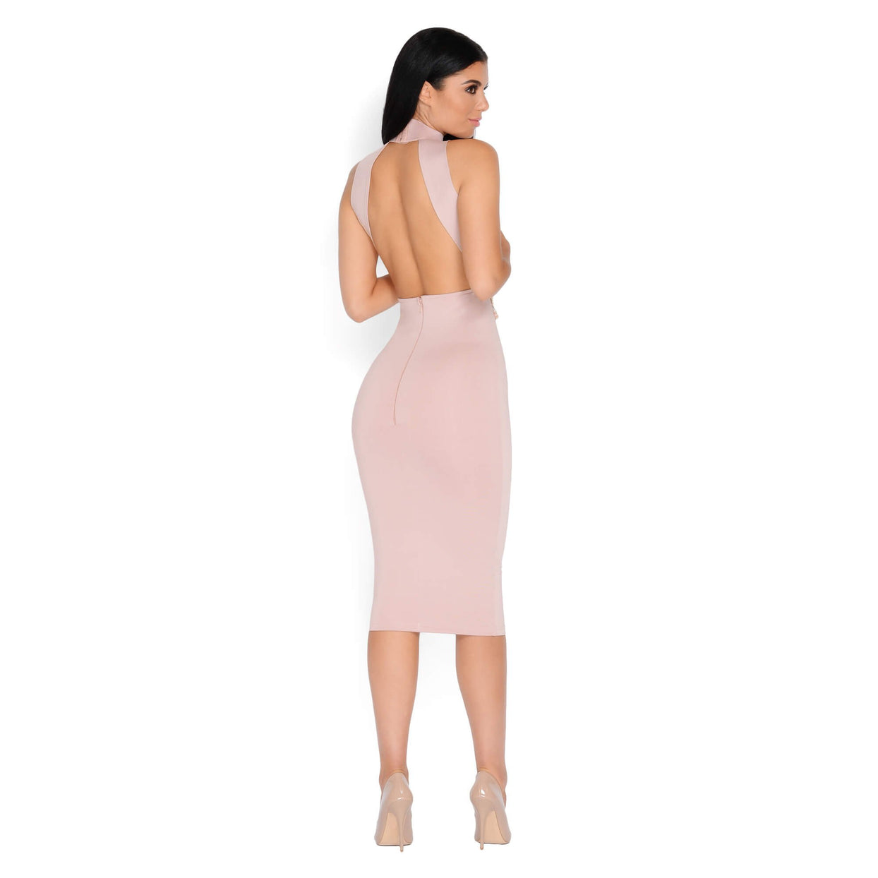 Oval And Out Hand Embellished Midi Dress in Blush