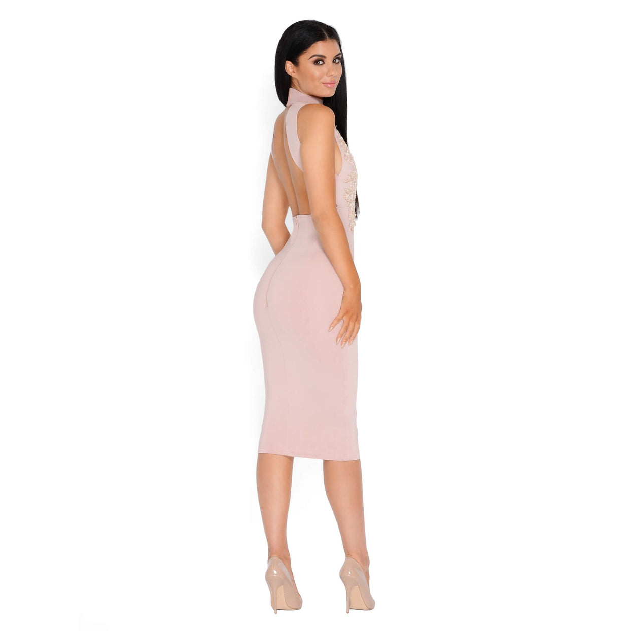 Oval And Out Hand Embellished Midi Dress in Blush