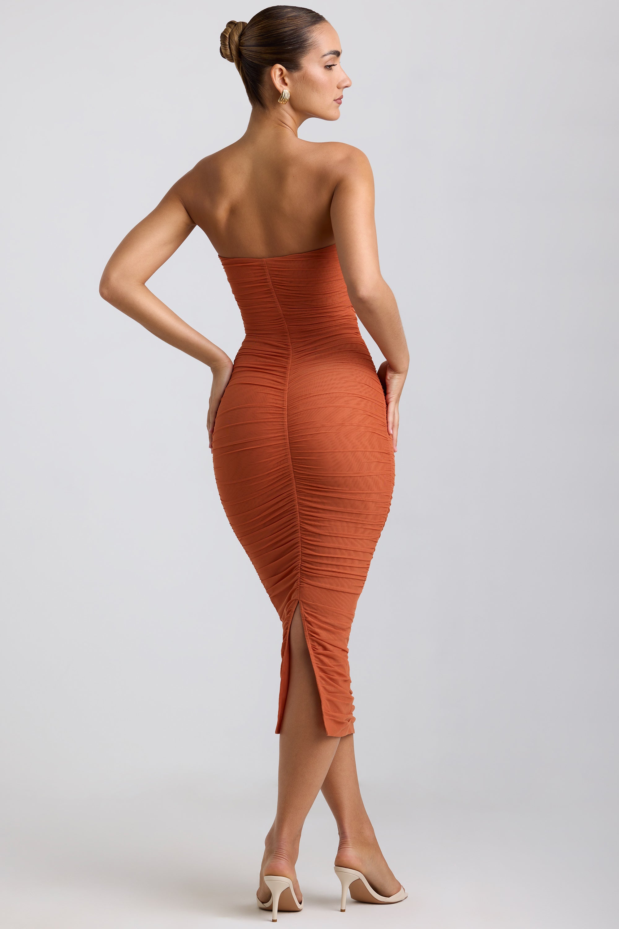 Ruched Hardware Detail Strapless Midaxi Dress in Burnt Orange 6