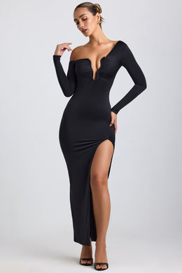 Slinky Jersey Asymmetric Ruched Hardware Detail Maxi Dress in Black
