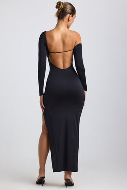 Slinky Jersey Asymmetric Ruched Hardware Detail Maxi Dress in Black