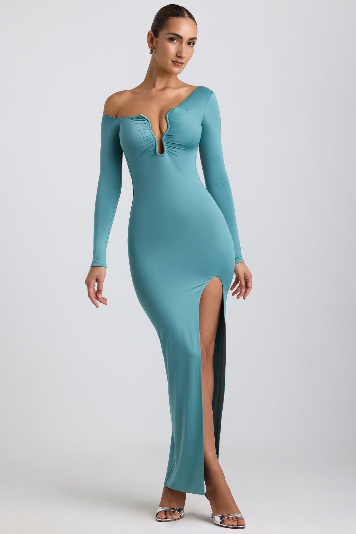 Slinky Jersey Asymmetric Ruched Hardware Detail Maxi Dress in Sea Green