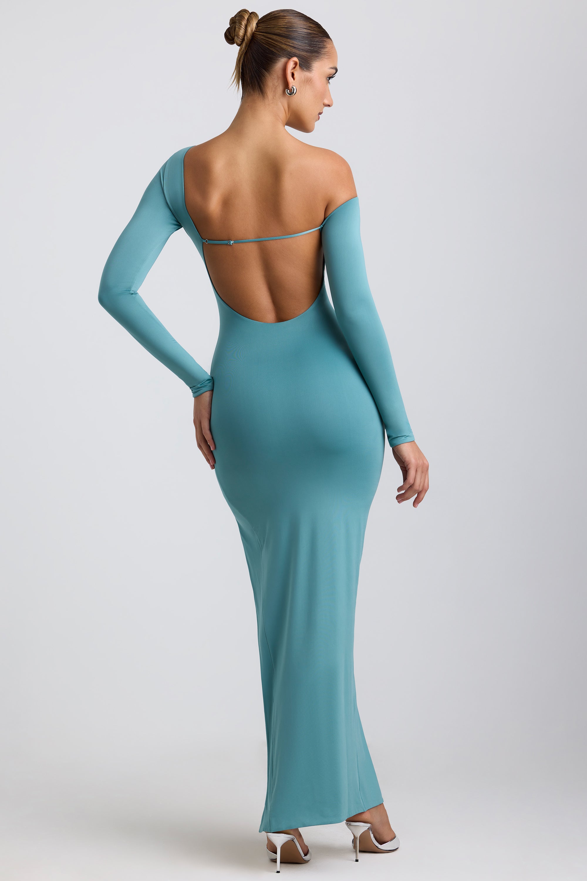 Slinky Jersey Asymmetric Ruched Hardware Detail Maxi Dress in Sea Green