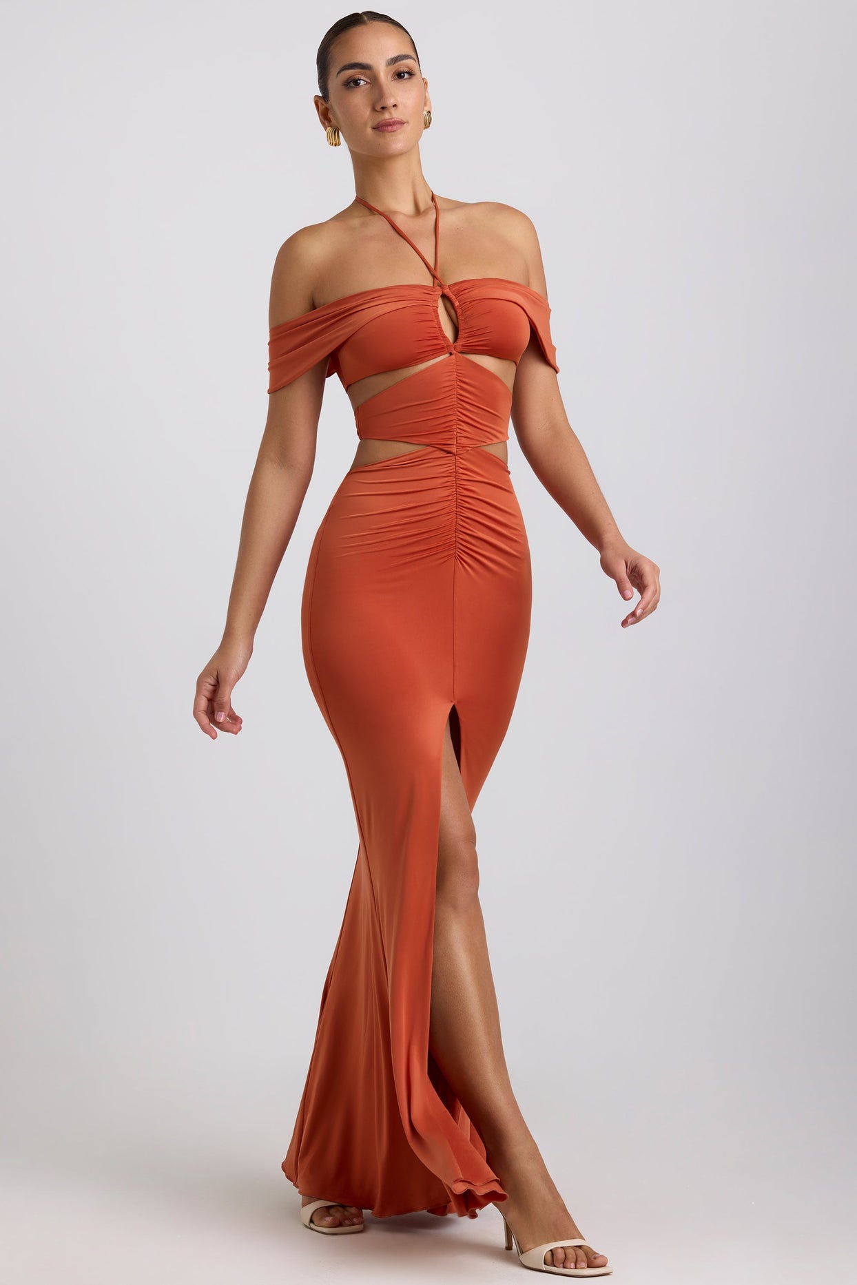 Slinky Jersey Cut-Out Halterneck Gown in Burnt Orange