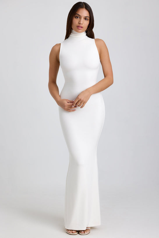 Ribbed Modal Turtleneck Maxi Dress in White